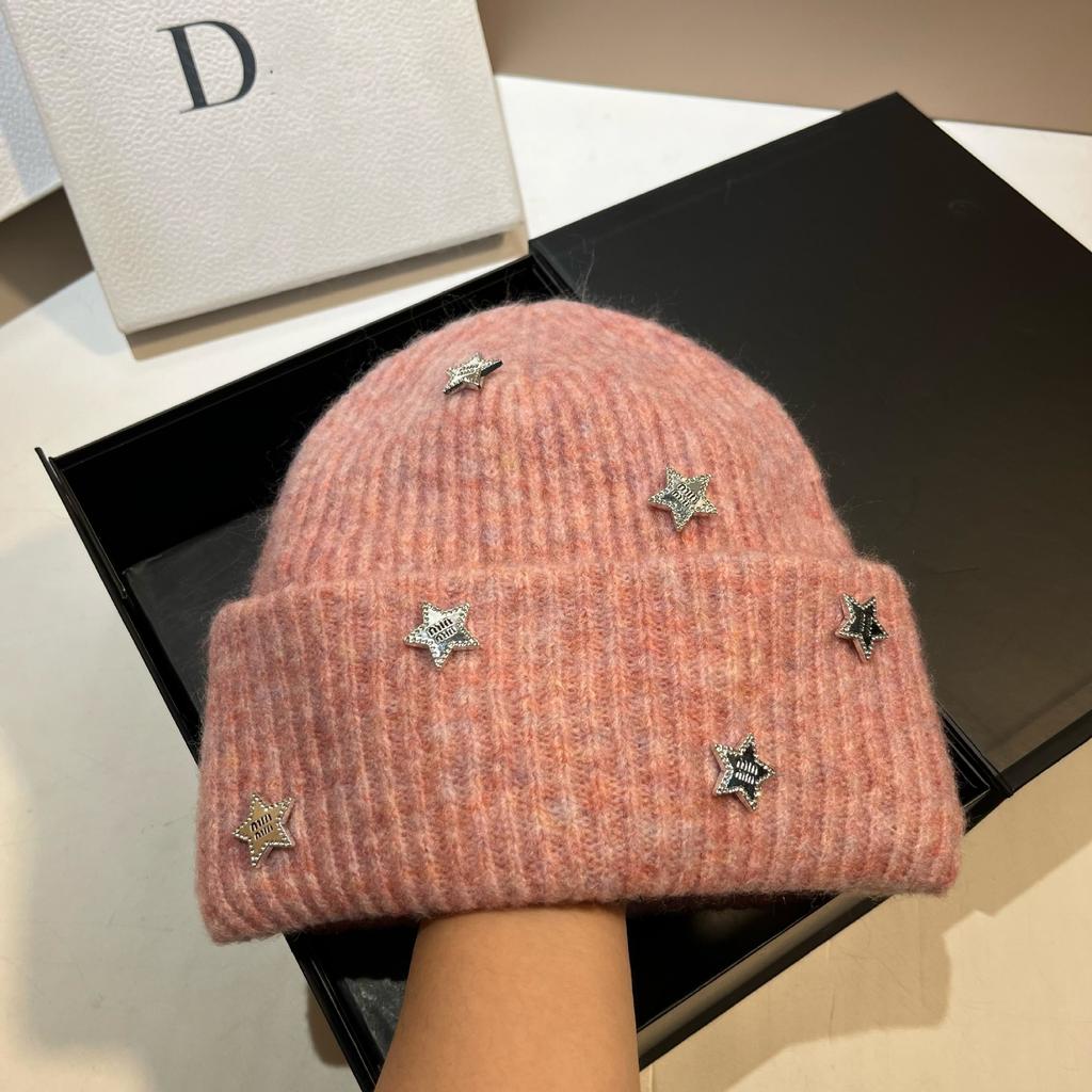 New Year'S Red Skin White Wool Blended Knitted Hat Winter Warm Pullover Hat, Sweet Star Min Wool Hat