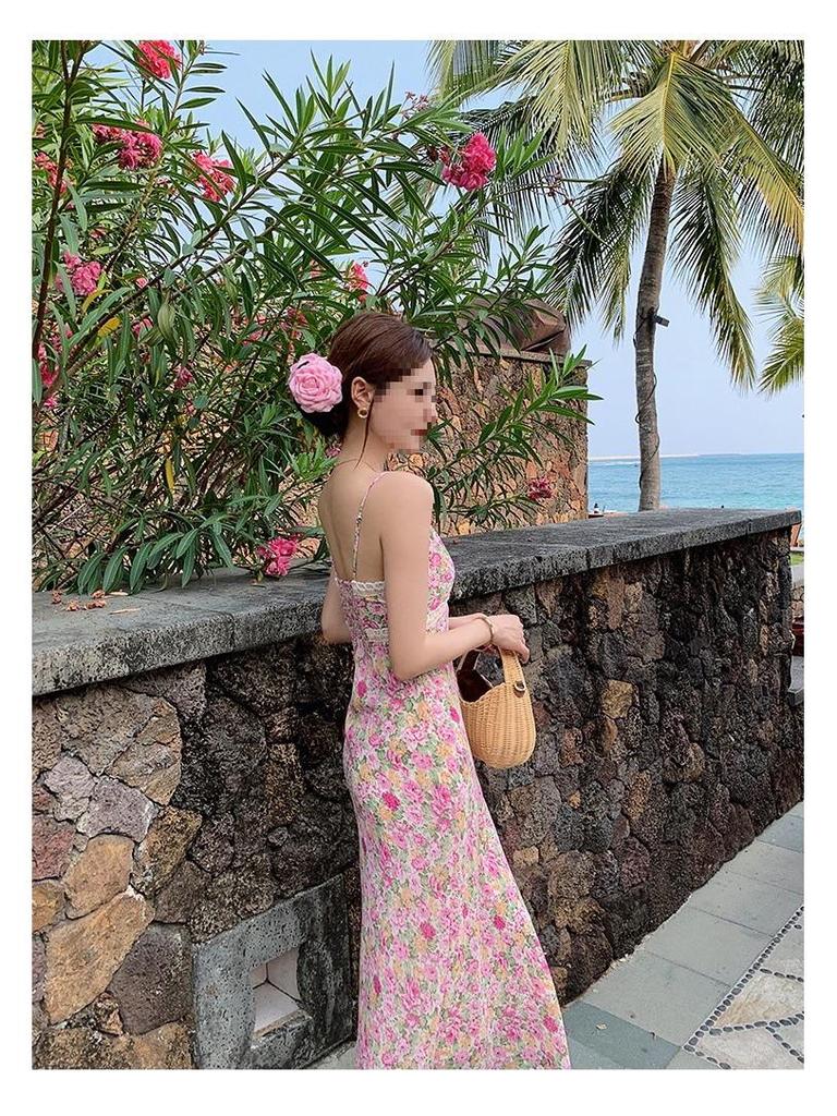 Lace Trim Floral Backless Camisole Dress - Women's Summer Beach Style, High Waist, Hip-Hugging Skirt