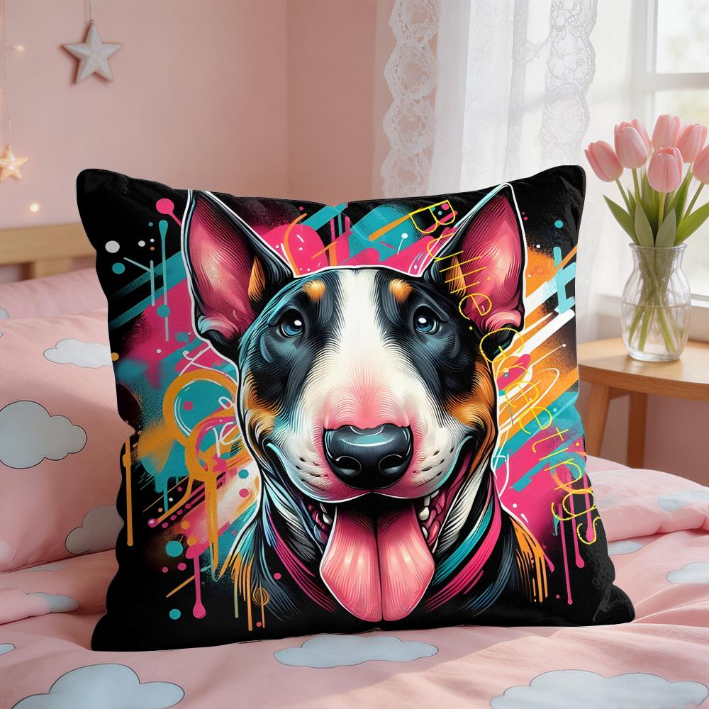 Cartoon Bull Terrier Series Cushion Cover Square Short Plush Pillow Case Living Room Sofa Home Decor Funda X
