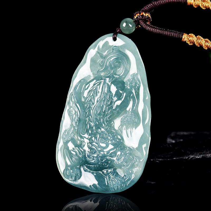 Натуральный синий нефрит качества А, кулон Пиксиу для мужчин и женщин - Ледяное семя камня для привлечения богатства (Top Bead Ancient Style Rope) PX21