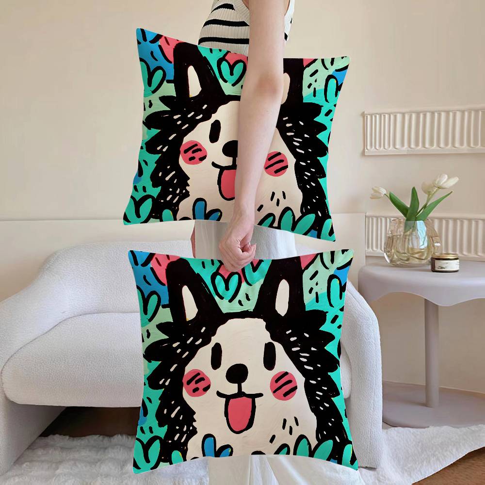 Cute Color Dogs Pillow Case Sofa and Living Room Decorative Cushion Covers Dust-proof and Mite-proof Invisible Zipper
