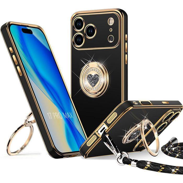 Schutzhülle - BOOLING - für iPhone 17 Pro Max - mit glänzendem Herz-Muster-Ring und Lanyard - Schwarz