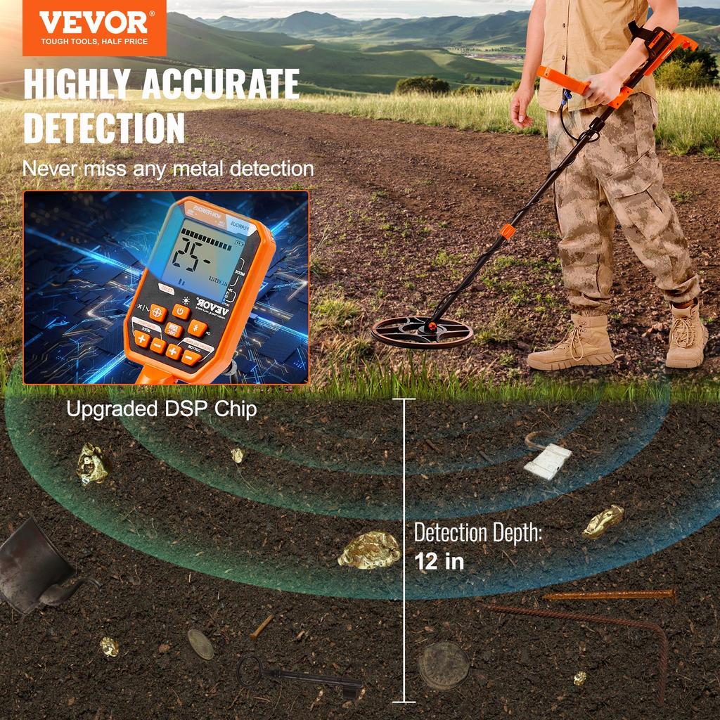 VEVOR Waterproof Metal Detector, 30.5 Cm Coil, Professional Rechargeable Gold Detector