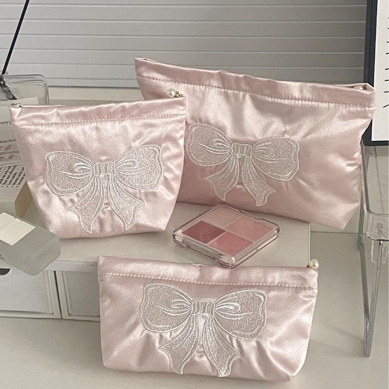 Pink Bow Cosmetic Bag Zipper Cute Embroidered Toiletry Organizer Makeup Bags Multifunctional Women Lipstick Key Coin Purse Pouch