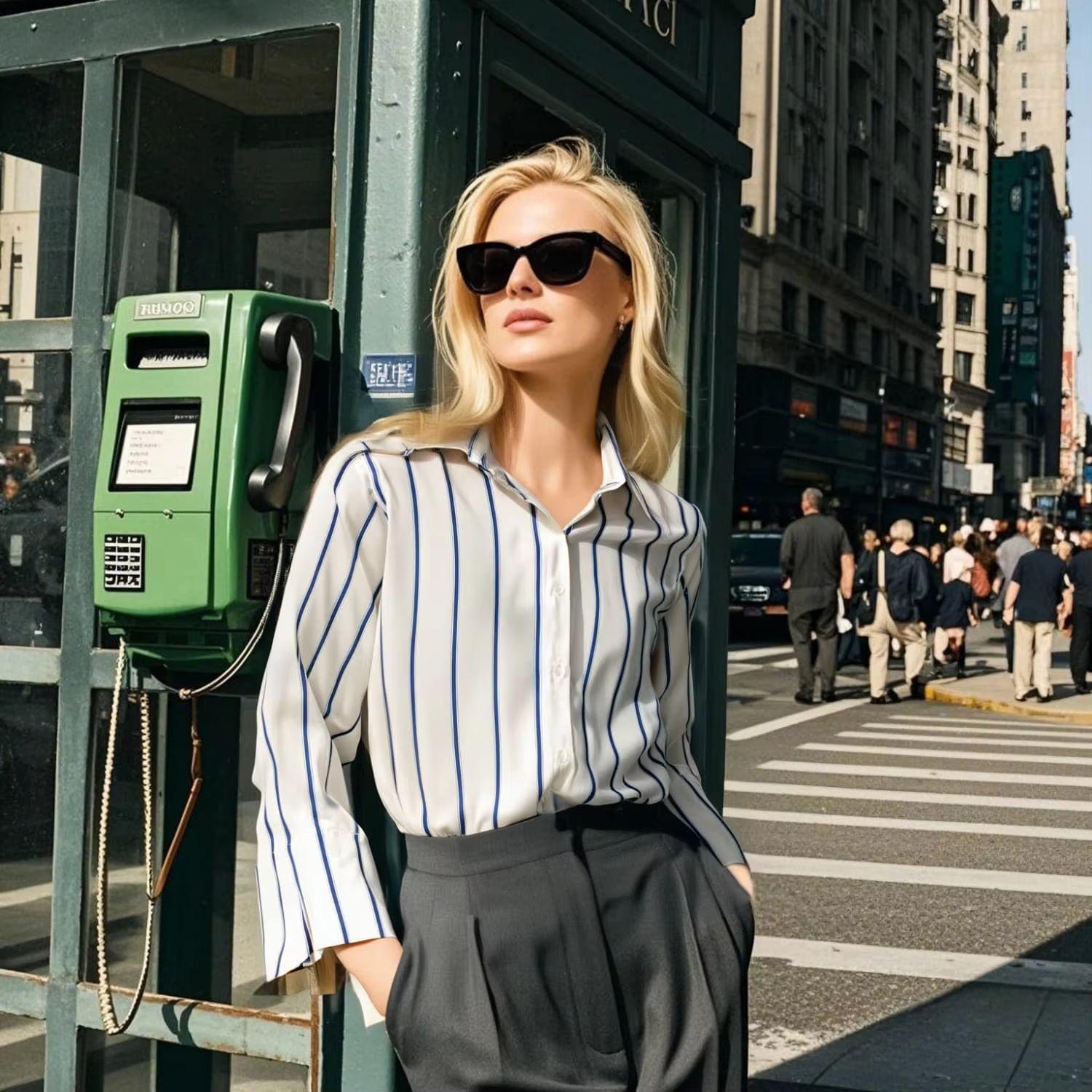 

Spring/Summer 2025 Women s Striped Wide Sleeve Shirt with Lapel Large