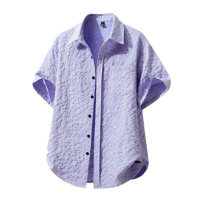 

Floral Jacquard Shirts Man Summer Clothing 2026 Luxury Short Sleeve Pocket Designer Mens Loose Beach Hawaiian Cuban Shirt Tops Euro Size XXL фіолетовий