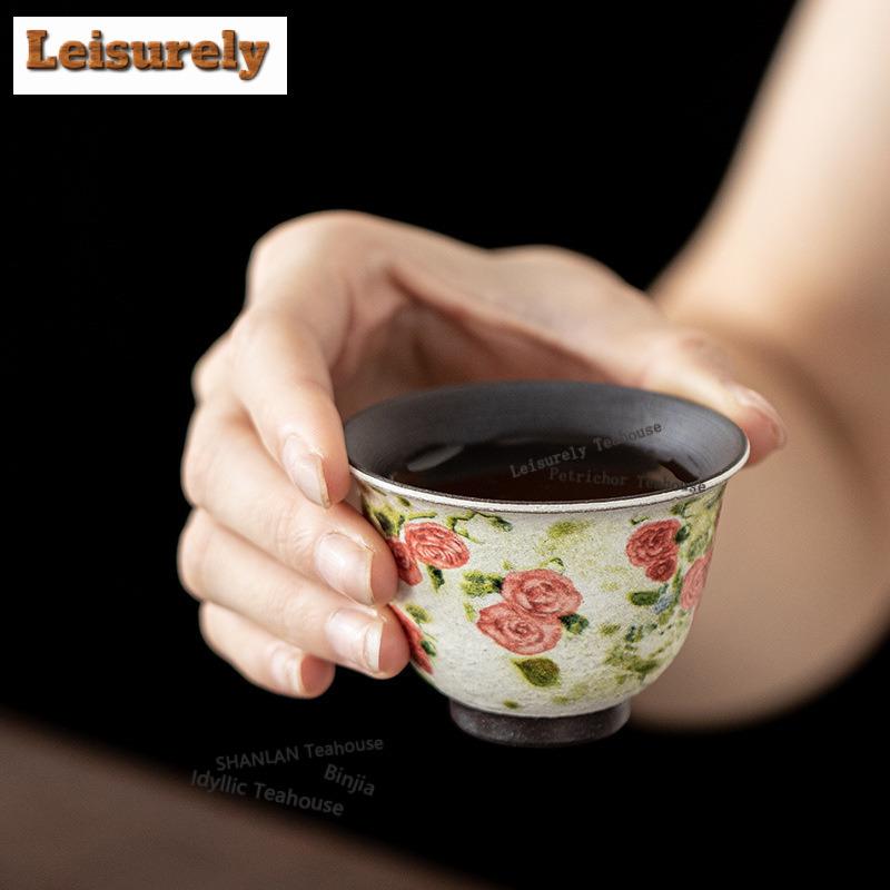 50ML Oil Painting Rose Flower Language Teacup Aesthetic Tea Bowl Set of Cups Tea-tasting Smelling Cup Chazhan Master Cups Cha