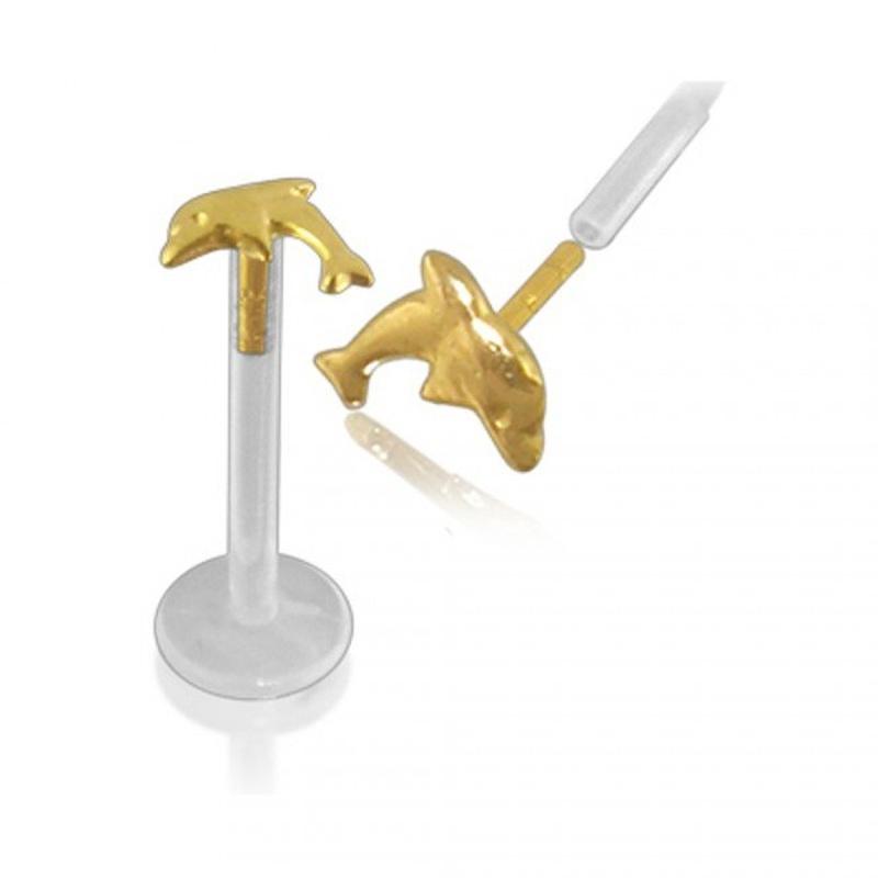 KODY PIERCING 14K Gold Bioflex Lip Labret Piercing Jewel With Dolphin - Quality Piercing