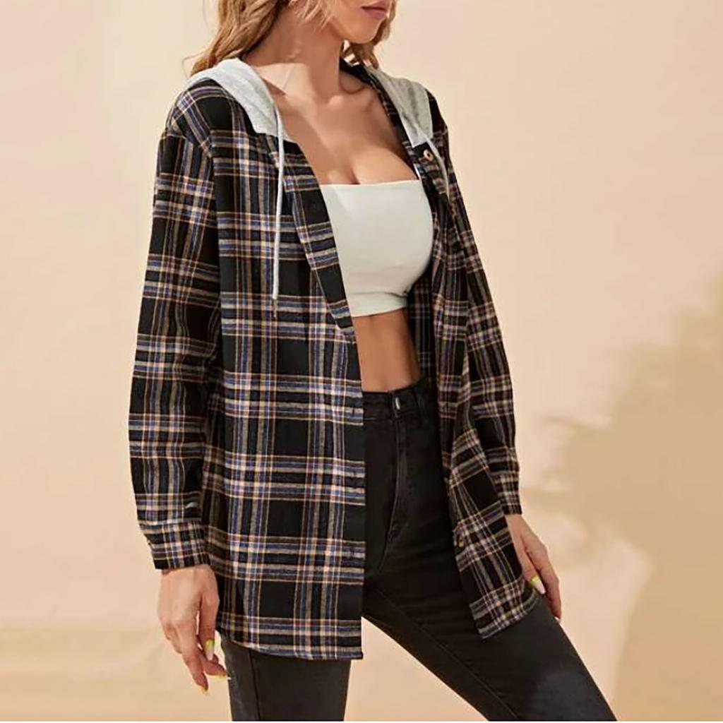 Fashion Women's Temperament Plaid Single-breasted Cardigan Hooded Long Sleeve Shirt
