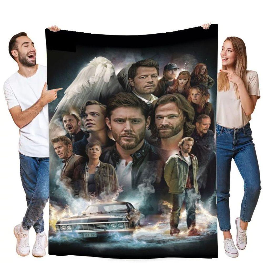 Supernatural TV Series Graphic Blanket featuring Dean Winchester, Sam Winchester, and Castiel - Cozy Soft Fleece Throw Blanket w