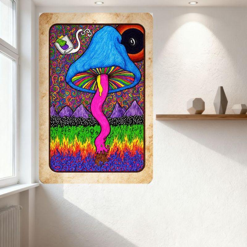 Psychedelic Mushroom Tin Sign Trippy Blue Pink Yellow Teapot Mountain Flames Metal Wall Decor for Bar Pub Home Cafe 8x12 Inch