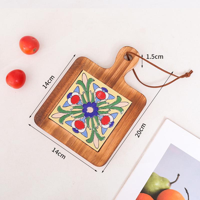Retro Insulated Wooden Placemat for Pots and Plates, Flower Tile Design