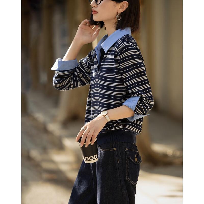 Demana Damen Faux Layer Gestreifter Polo-Strickpullover