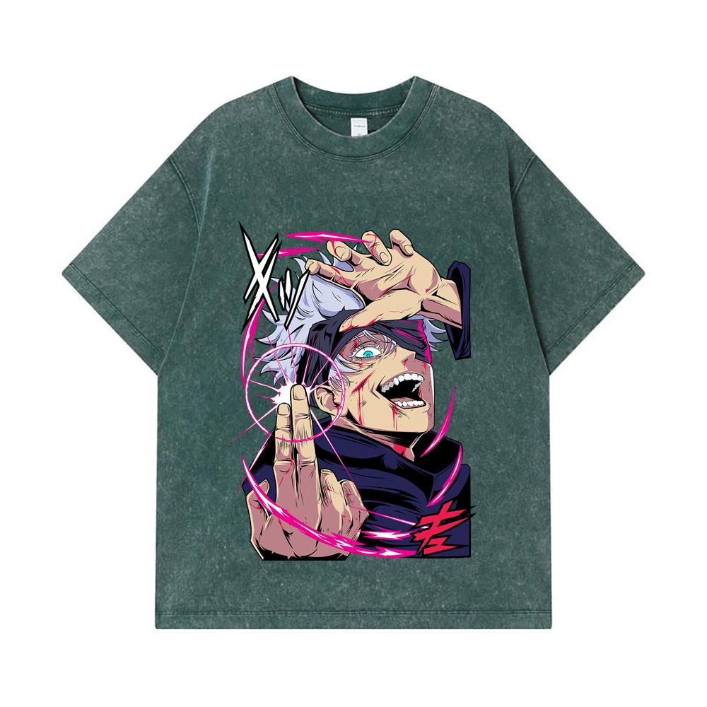 275 GSM Washed T-shirts 100% Cotton Jujutsu Kaisen V19 Gojo Print Unisex Heavy Cotton T Shirt