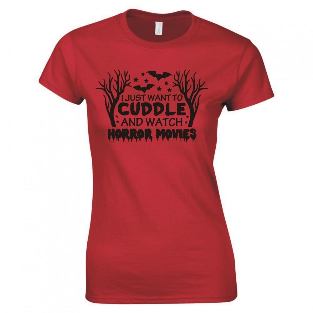 Funny Movie Cuddle And Watch Horror Movies Ladies Skinny Fit Tshirt S