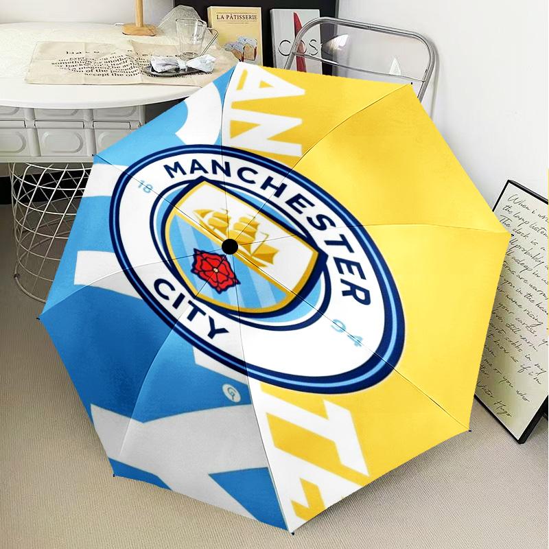 1 Pezzo Ombrello Pieghevole Stampato Manchester City F.C, Ombrello Automatico a 8 Stecche per Viaggio, Campeggio, Regali per Fan, Regali di Natale