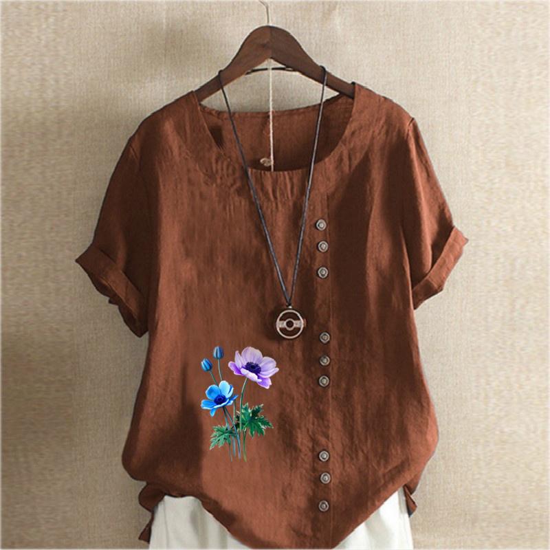 Women's Fashion Round Neck Short Sleeve T-shirt Casual Cotton Linen Graphic Shirt Leisure Loose Flowers Prined Summer Blouse Tops