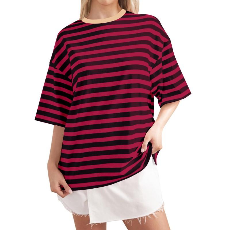 Casual Striped Round Neck Short Sleeve T-Shirt Women Men Comfortable Milk Silk Blend Loose Fit Home Wear