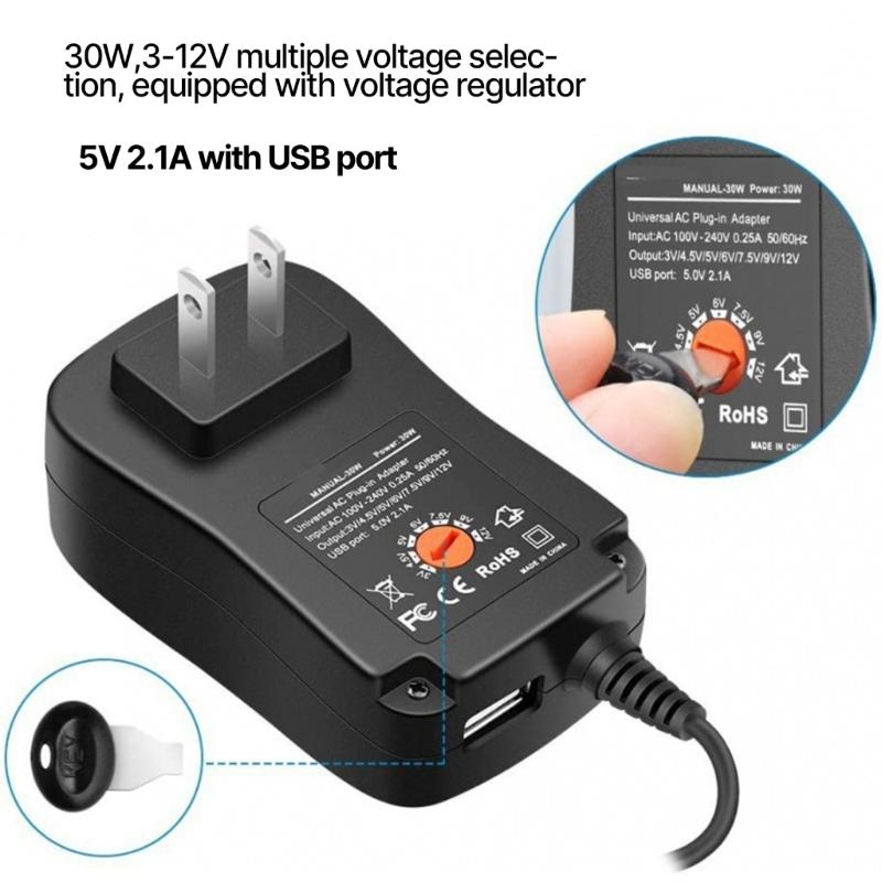 AC100-240V 50/60HZ Multi Purpose Power Supply Adapter 30W DC3V-12V USB 5V2.1A Adjustable + 8pcs Connectors for Laptops