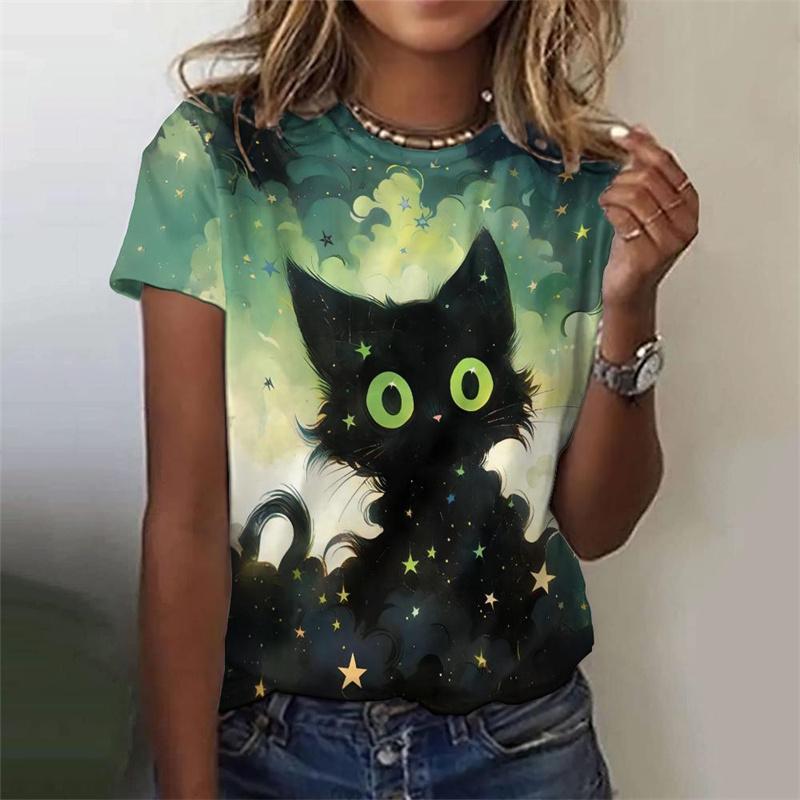 Colorful Cat Pattern T-Shirt For Women Cartoon Pet 3D Printed Tees Summer Harajuku Round Neck T Shirts Short Sleeves Loose Tops