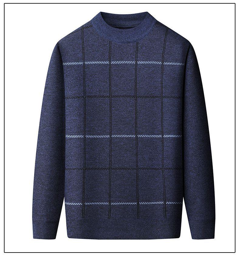 Dad's Warm Plaid Sweater for Middle-Aged & Elderly Men 50s 60s - Plus Velvet, Thick, Round Neck, Autumn & Winter Base Layer.