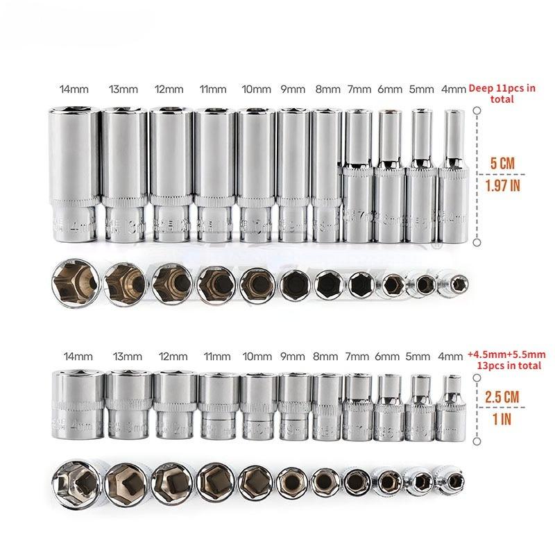 13pcs Short/11pcs Deep Hi-Spec 11pc 1/4  Socket Set Adapter Short Long Sockets 4-14mm Deep Socket Tool Heads Torque Spanner Ratchet Socket Wrench