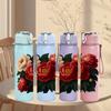 1PC Red Peony Rose Flower Cluster 750ml Color Plastic Sports Water Bottle Leakproof Flip Straw Lid For Sports Office Home Use