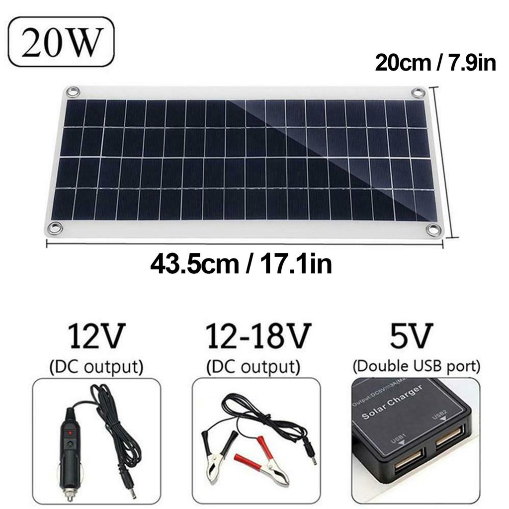 20W Solar Panel Battery Charger Portable Solar Panel Trickle Charging Kit for Car Automotive Motorcycle RV