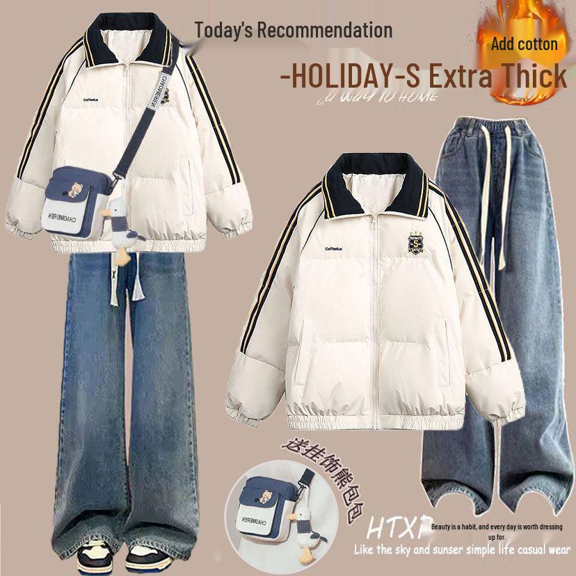 

Зимний комплект в стиле колор-блок: Хлопковое пальто свободного кроя в корейском стиле и джинсы на кулиске для студенток S (70-95 Jin)