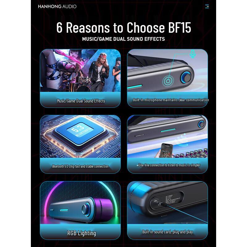 Hanhong BF15 Gaming Desktop Speaker with RGB & Bluetooth 5.3 CN Plug (adapter Included)