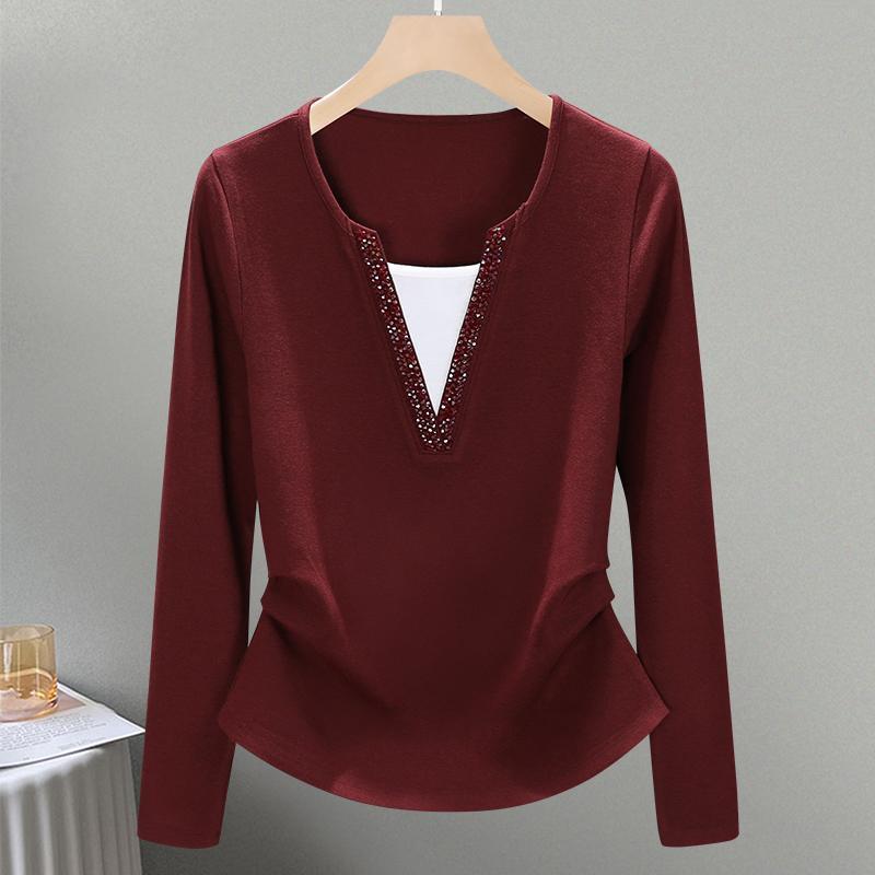 

Осенняя футболка с V-образным вырезом и длинными рукавами для женщин, модный дизайн высокого класса с зауженной талией и утягивающим верхом 3XL
