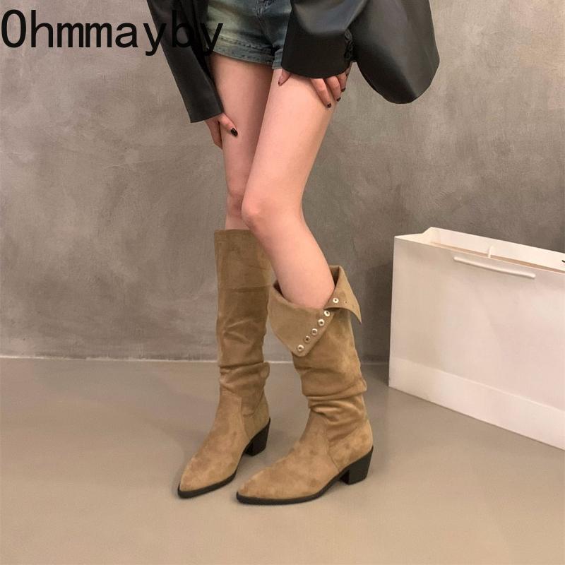 Fashion Thick Heel Pleated Women Knee High Boots Sexy Pointed Toe Stripper Party Shoes Slip On Modern Long Botas Para Mujer