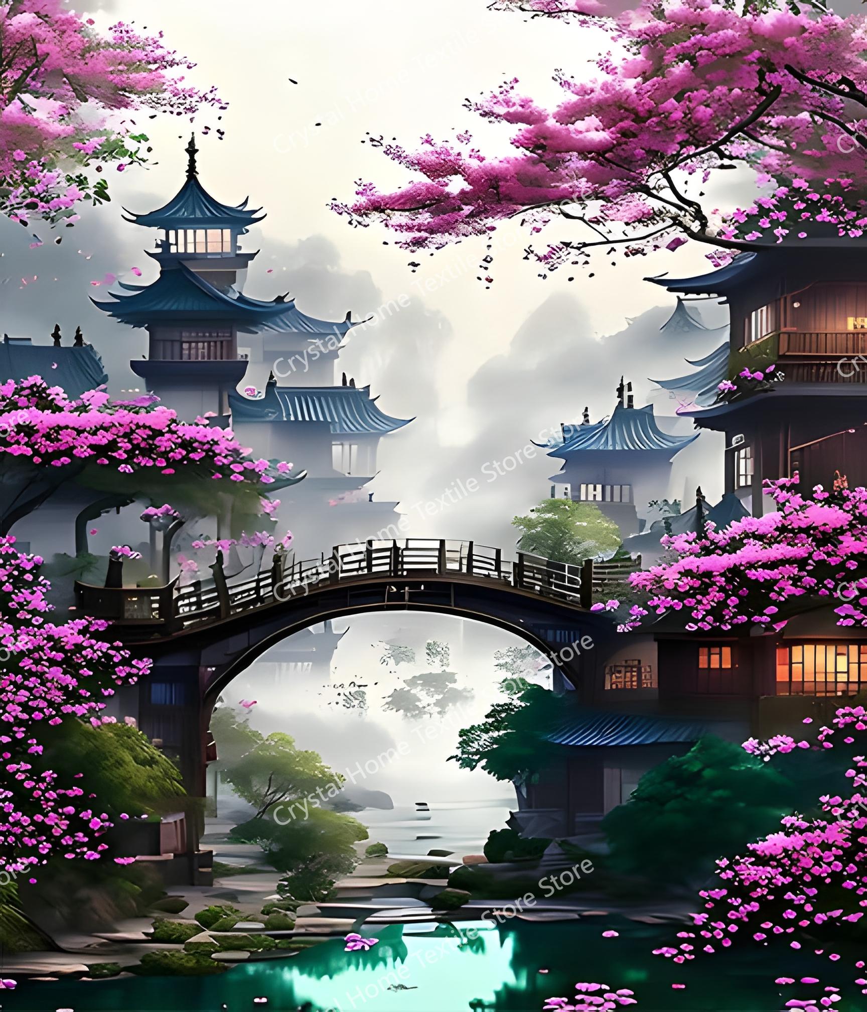 Japanese Architecture & Cherry Blossoms Flannel Blanket, Soft Warm Throw Blanket Nap Blanket For Sofa Office Bed Camping Trave 75x90cm