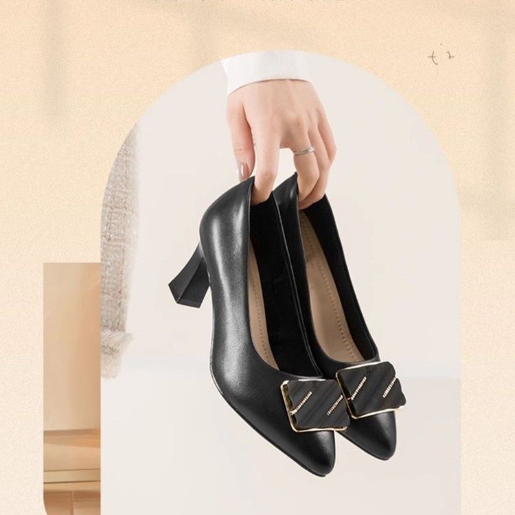 Coarse Order Shoes for Women Versatile In Spring and Autumn Pointed Toe Mid Heeled Work Shoes