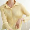 Women Pleated Long Sleeve Shirt Turn Down Collar Single Breasted Blouse Elastic Wrinkle Resistant Commuter Top