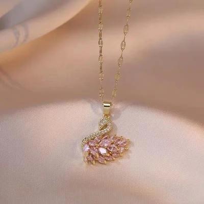 New Exquisite Full Crystal Pink Swan Pendant Necklace for Women Luxury Gold Color Stainless Steel Collar Korea Jewelry Colorfast