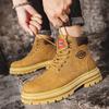 Men's Autumn/Winter Genuine Leather Yellow Martin Boots with Velvet Lining, Soft Soles for Outdoor Workwear