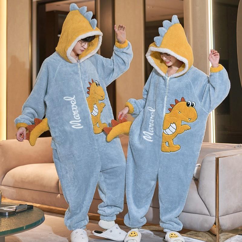 Couples Flannel Dinosaur Onesie Winter Warm Hooded Sleepwear Men Women