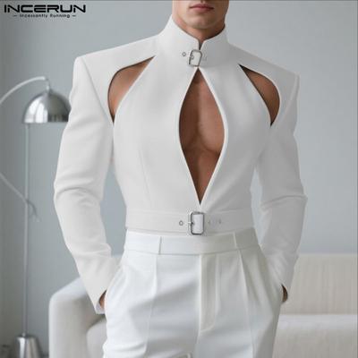 Men Long Sleeve Hollow Out Cutout Party Thin Blazer Coats