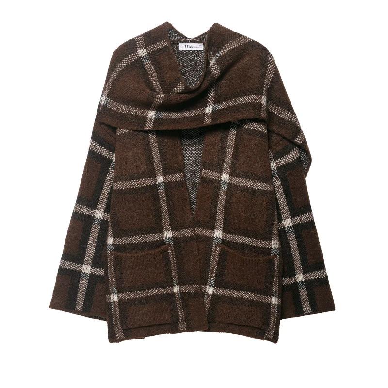 

Women s Autumn and Winter Fashion Trend Plaid Scarf Knitted Short Coat Jacket XS коричневый