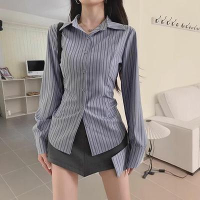 Blue Striped Slim Fit sieviešu tops ar garām piedurknēm - stilīgs amerikāņu niša