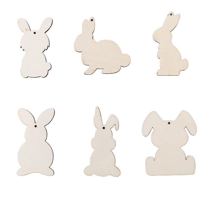 6/12Pcs Easter Wooden Bunny Pendants Blank Rabbit Wood Chips Kids Easter Party DIY Painting Crafts Gift Home Hanging Decoration