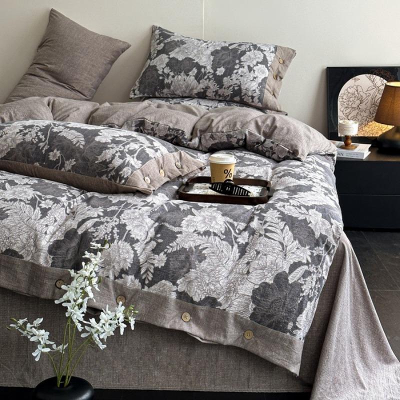 

2025 new autumn and winter class A thickened high gram weight linen retro style double-layer yarn printing four-piece set 1.2m sheet 3pcs