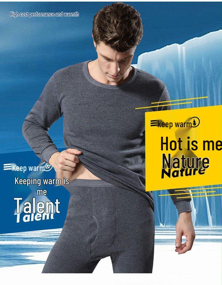 Men's Fleece-Lined Warm Underwear Set: Cotton Sweater Base Layer & Thick Trousers for Autumn/Winter