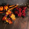 Seasonal Holiday Ornaments Halloween Floral Candle Ring, Artificial Maple Rose Wreath for Spooky Home Decorations Holder, Table Centerpiece