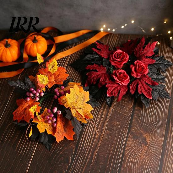 Seasonal Holiday Ornaments Halloween Floral Candle Ring, Artificial Maple Rose Wreath for Spooky Home Decorations Holder, Table Centerpiece