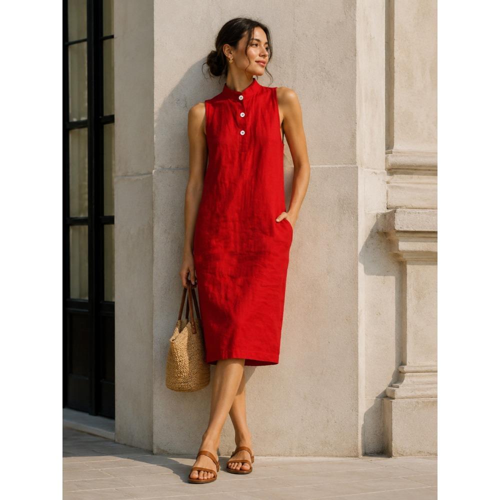Women's Mandarin Collar Sleeveless Linen Blend Midi Dress Loose Fit Casual Straight Shirt Dress