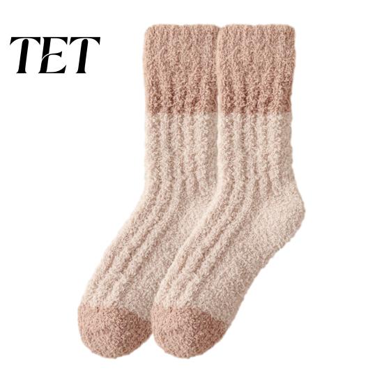 Heat Retaining Lounge Socks Thickened Long Plush for Women, Warm Coral Fleece Socks, Winter Home Foot Warmers Thermal Sleep Anti-static Contrast Color