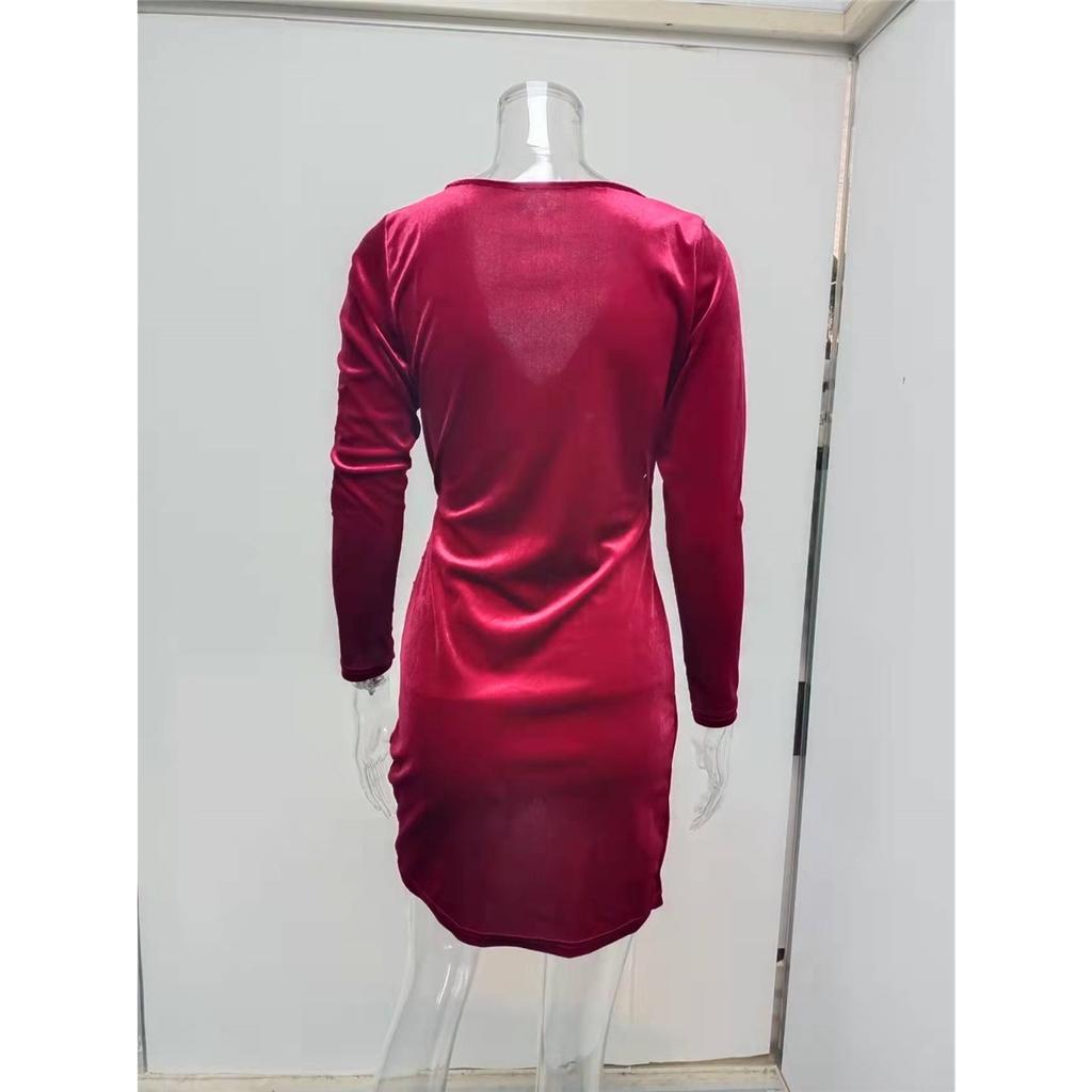 Women's elegant solid color long-sleeved V-neck sexy short dress clothes sale