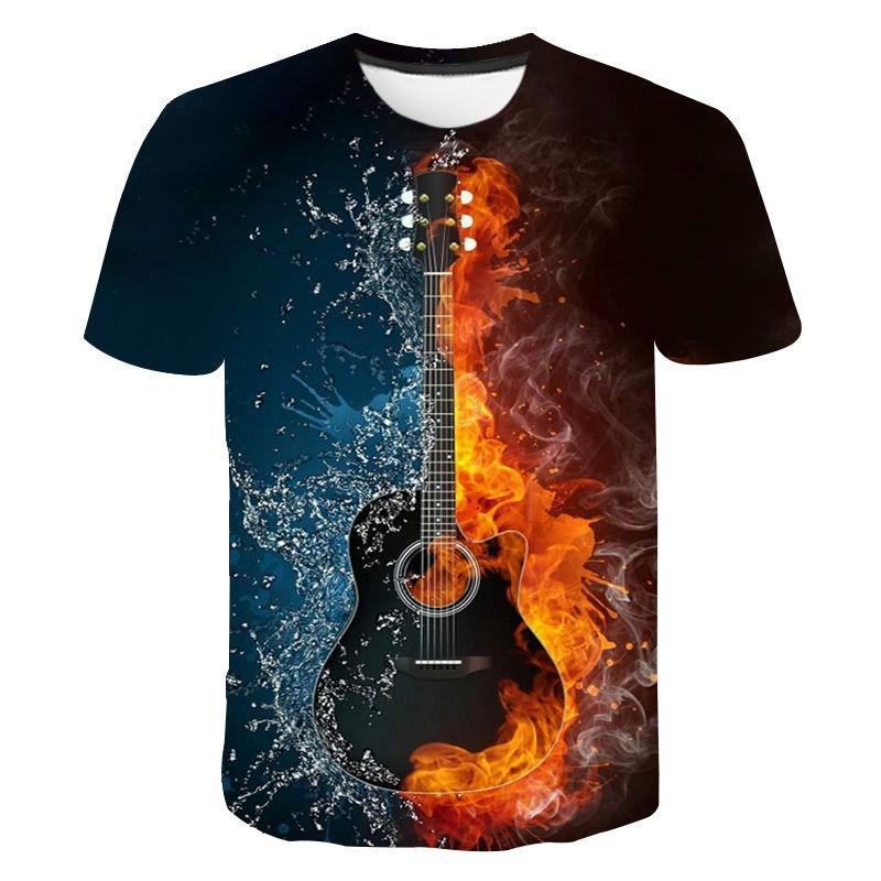 Summer Round Neck Colorful Guitar Graphic 3D Print Top Fashionable Casual Short Sleeved Men's T-shirts